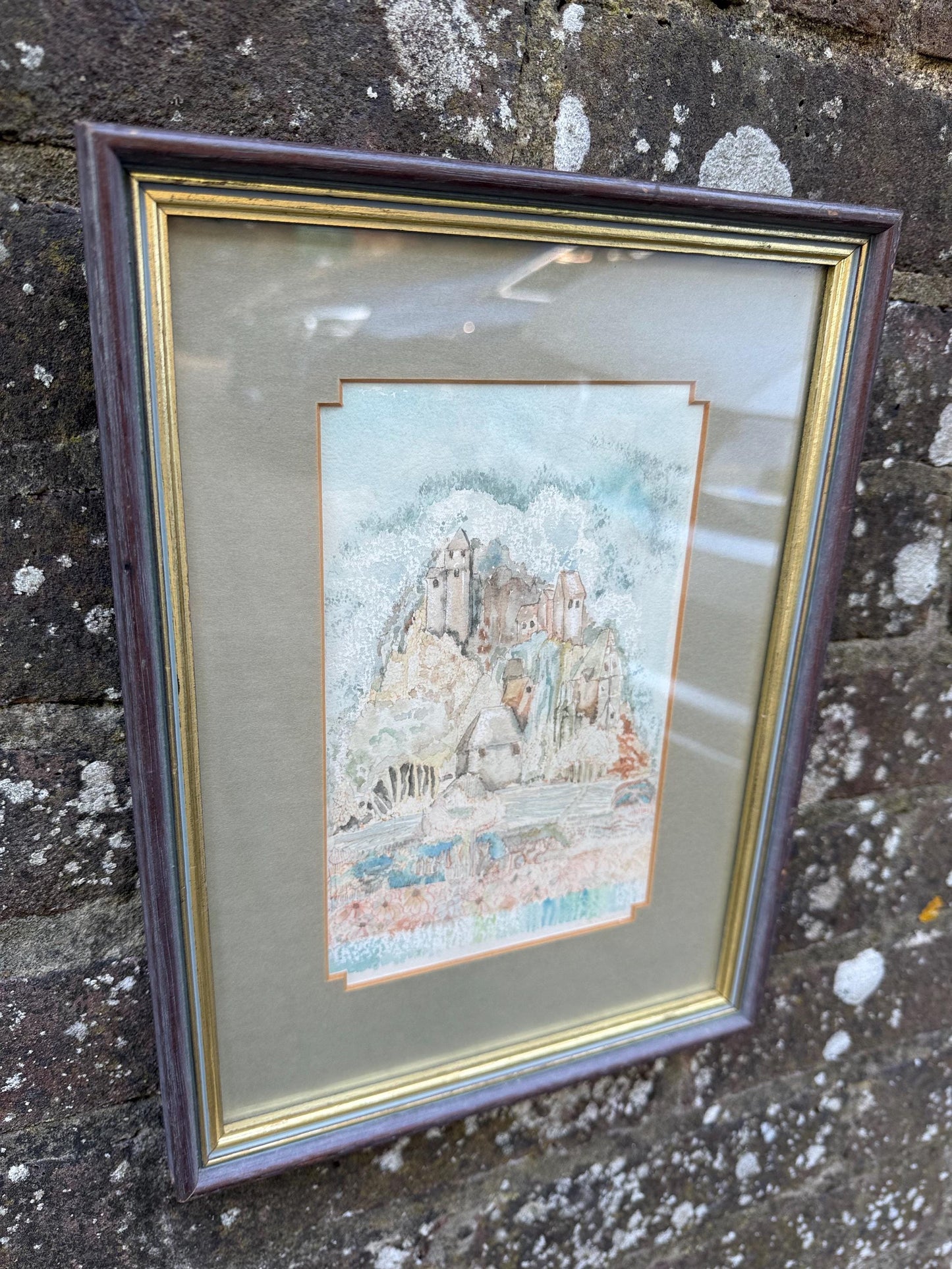Vintage Original French Village Watercolour, naive style, Framed Pastoral Countryside Scene, Soft Impressionist Style Artwork