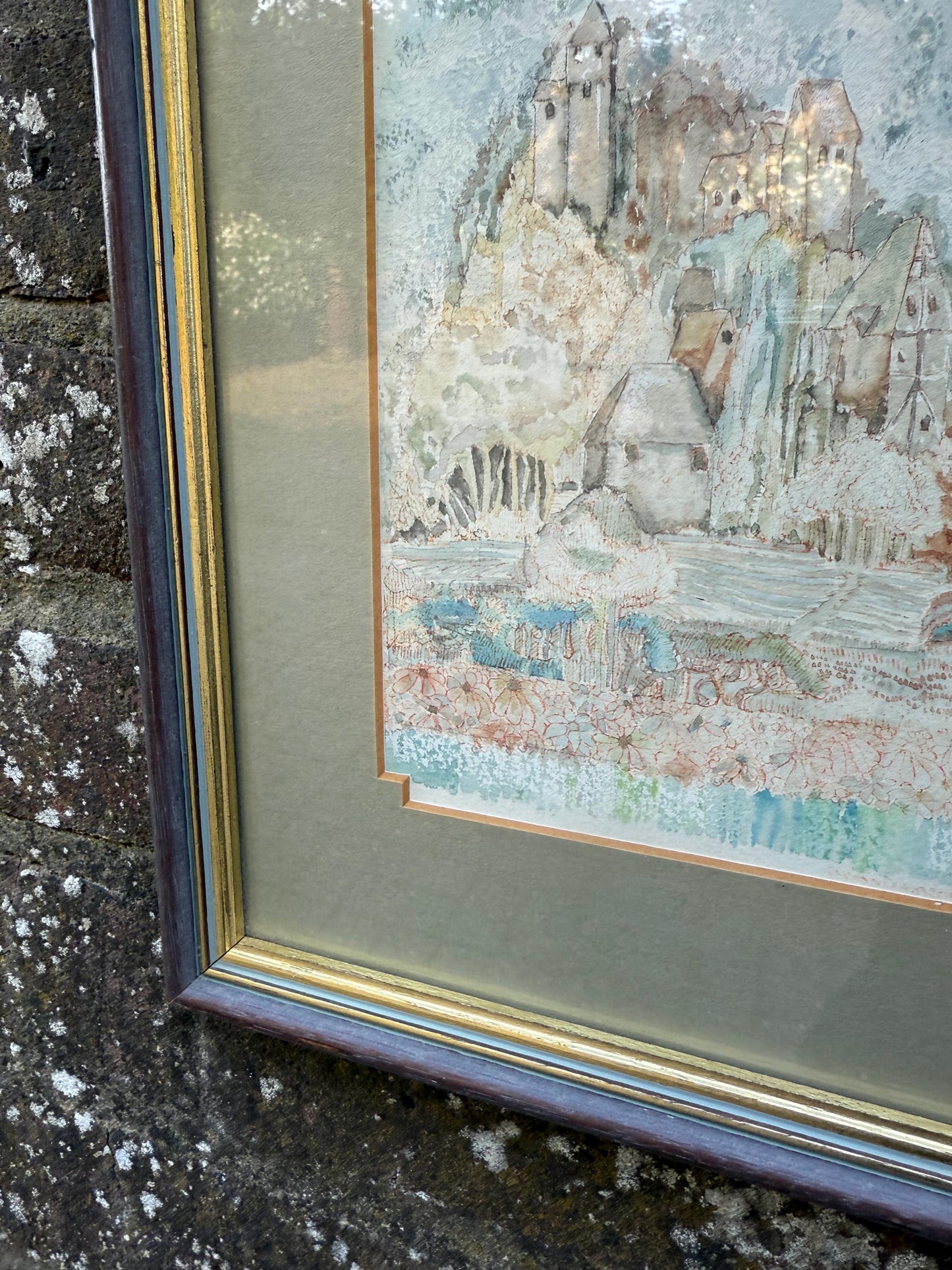 Vintage Original French Village Watercolour, naive style, Framed Pastoral Countryside Scene, Soft Impressionist Style Artwork