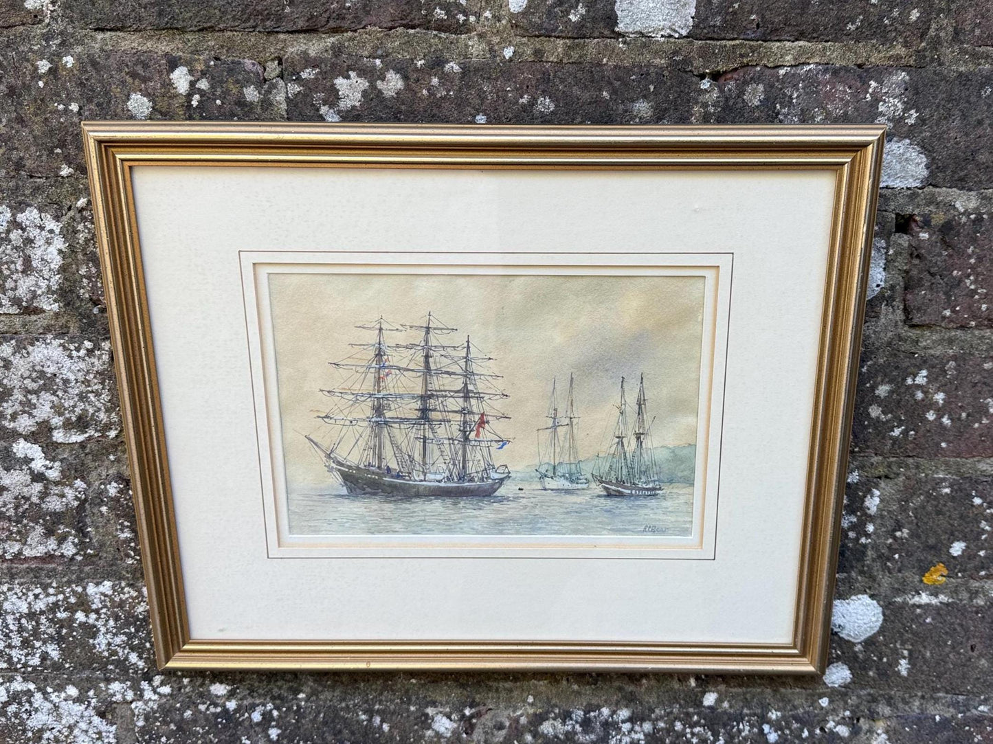 watercolour of sailing boats by robert boar a kent artist. wonderful detail in vintage gilt wooden frame. glazed frame. ready to hang