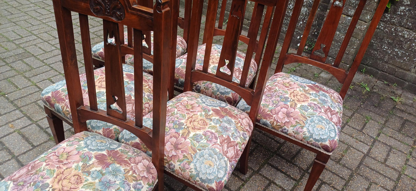 Set of 6 Antique Carved Walnut Dining Chairs with Floral Tapestry Seats Art Nouveau High End Quality Vintage FREE HAND Delivery
