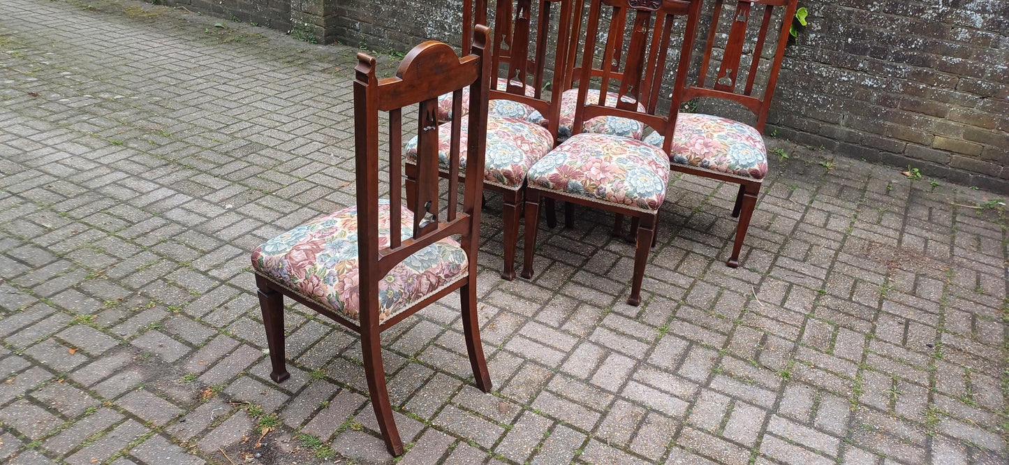 Set of 6 Antique Carved Walnut Dining Chairs with Floral Tapestry Seats Art Nouveau High End Quality Vintage FREE HAND Delivery