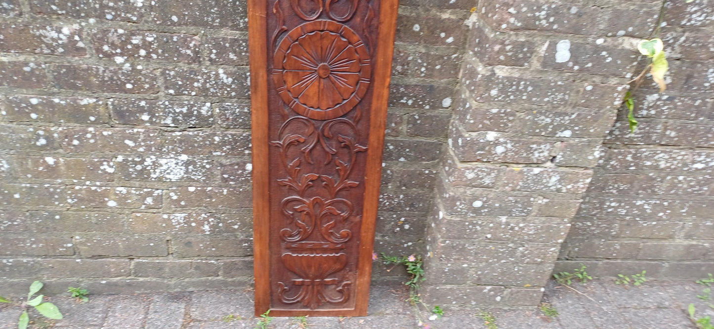 Tall Antique Hand Carved Wood Wall Panel Plaque With Neoclassical Foliate Detailing, Rich Patina, Victorian Country House Charm