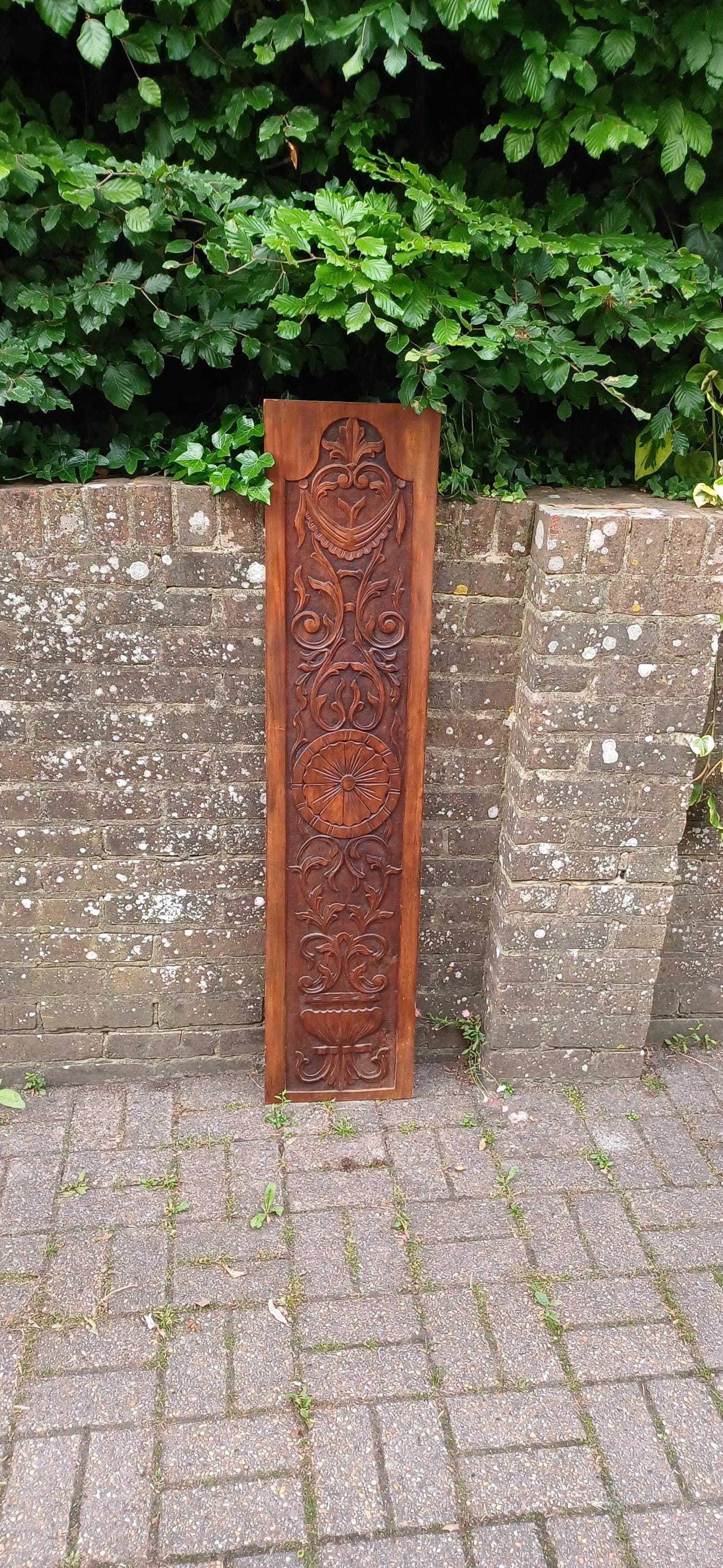 Tall Antique Hand Carved Wood Wall Panel Plaque With Neoclassical Foliate Detailing, Rich Patina, Victorian Country House Charm