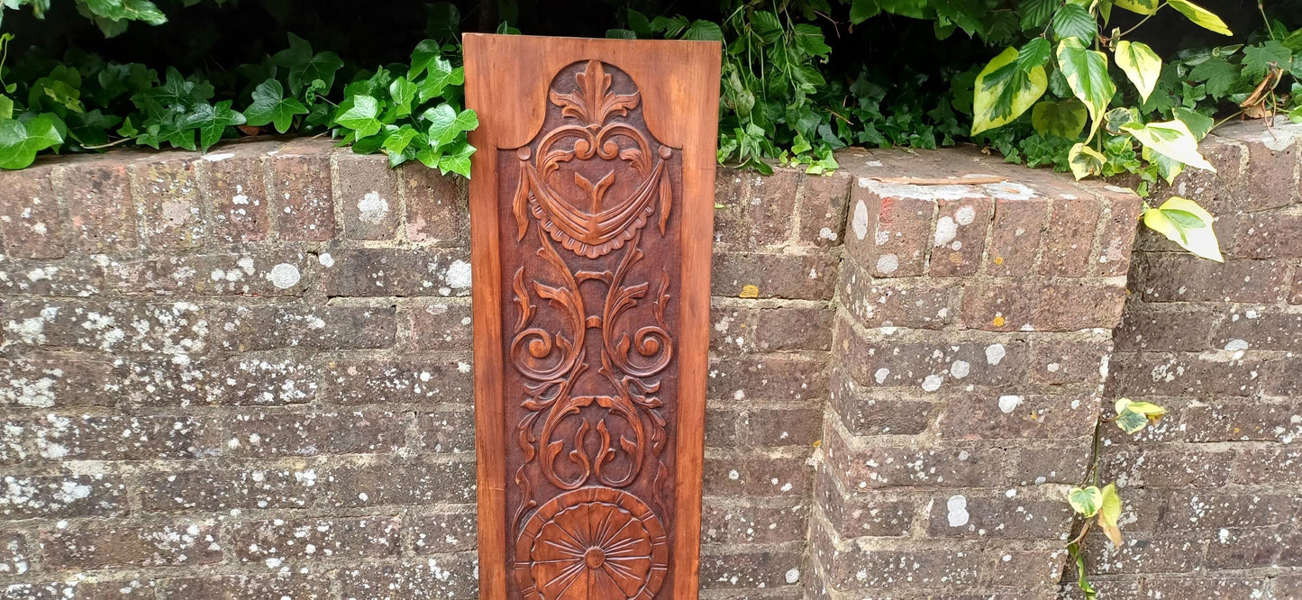 Tall Antique Hand Carved Wood Wall Panel Plaque With Neoclassical Foliate Detailing, Rich Patina, Victorian Country House Charm