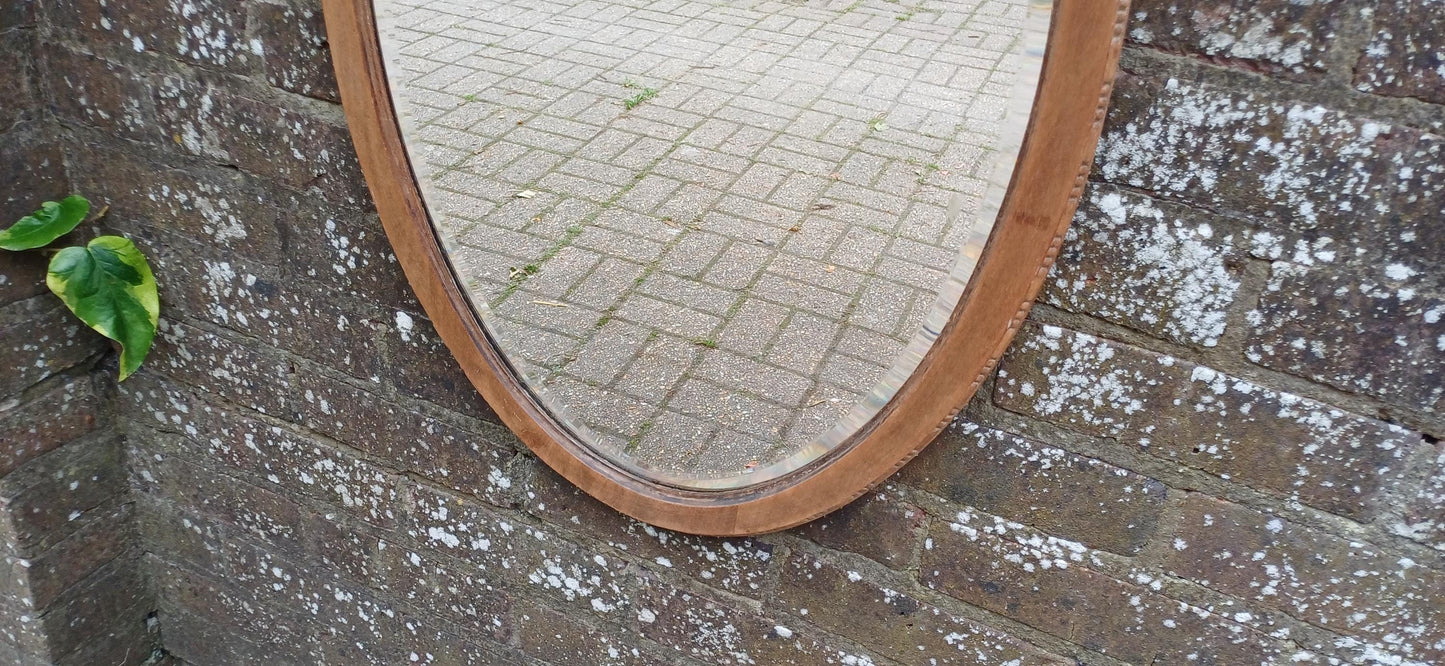 Antique Oval Wall Mirror with Stripped Mahogany Wooden Frame – Rustic Vintage Vanity or Hallway Decor Original Well Preserved Bevelled Glass