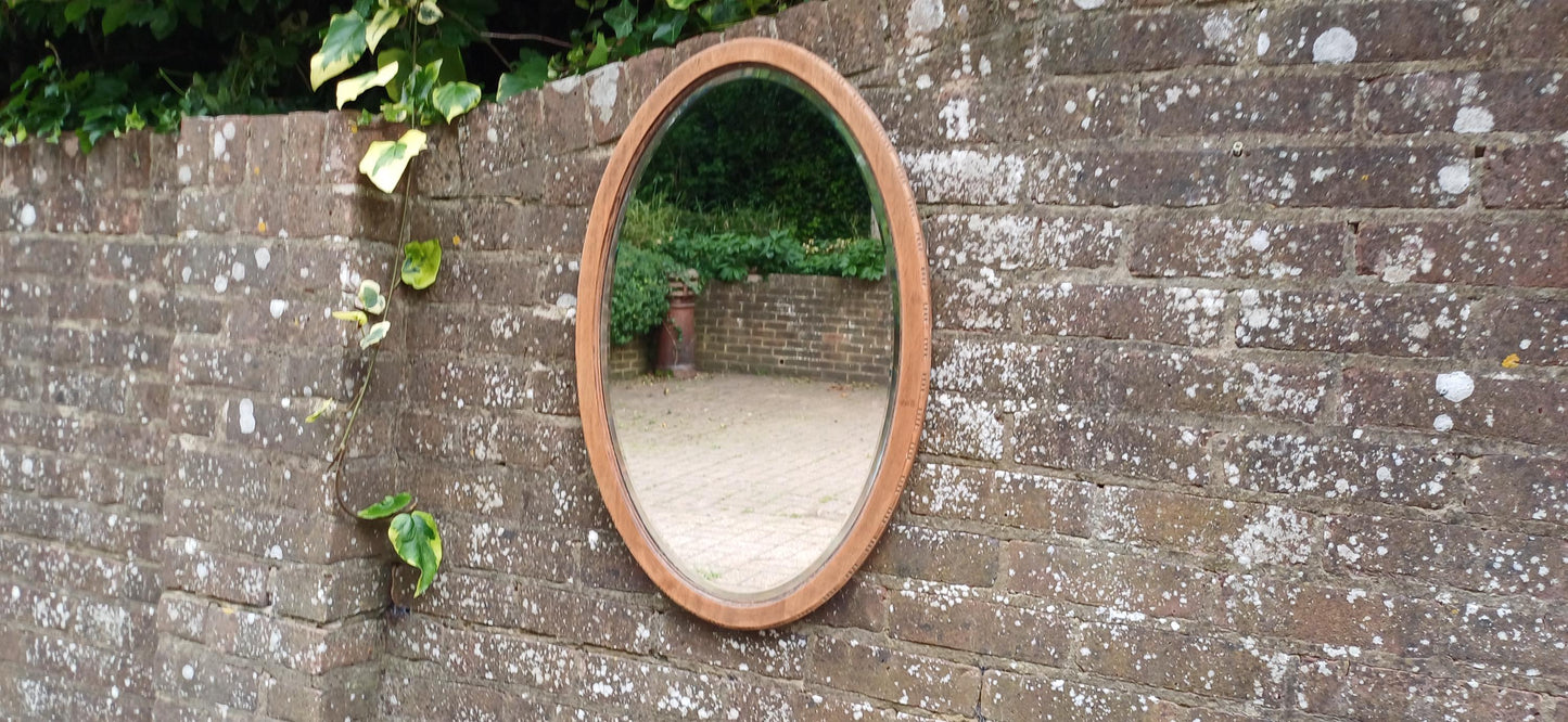 Antique Oval Wall Mirror with Stripped Mahogany Wooden Frame – Rustic Vintage Vanity or Hallway Decor Original Well Preserved Bevelled Glass