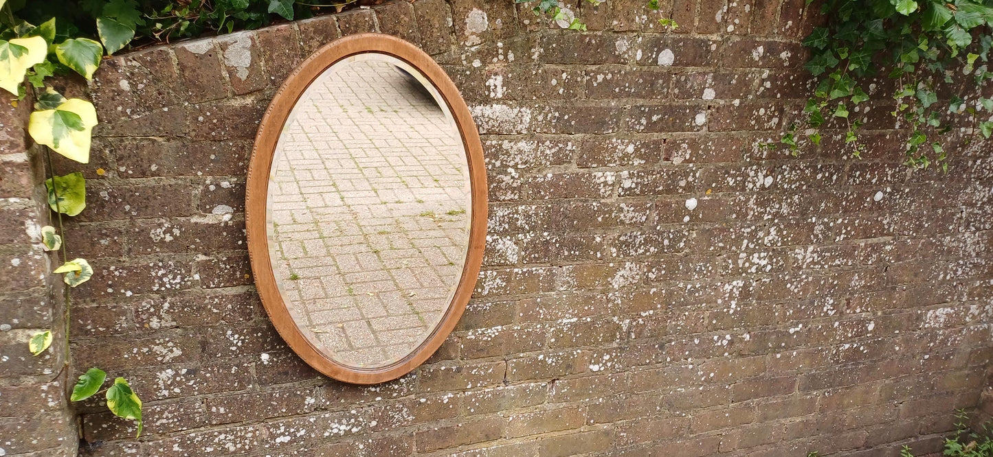Antique Oval Wall Mirror with Stripped Mahogany Wooden Frame – Rustic Vintage Vanity or Hallway Decor Original Well Preserved Bevelled Glass