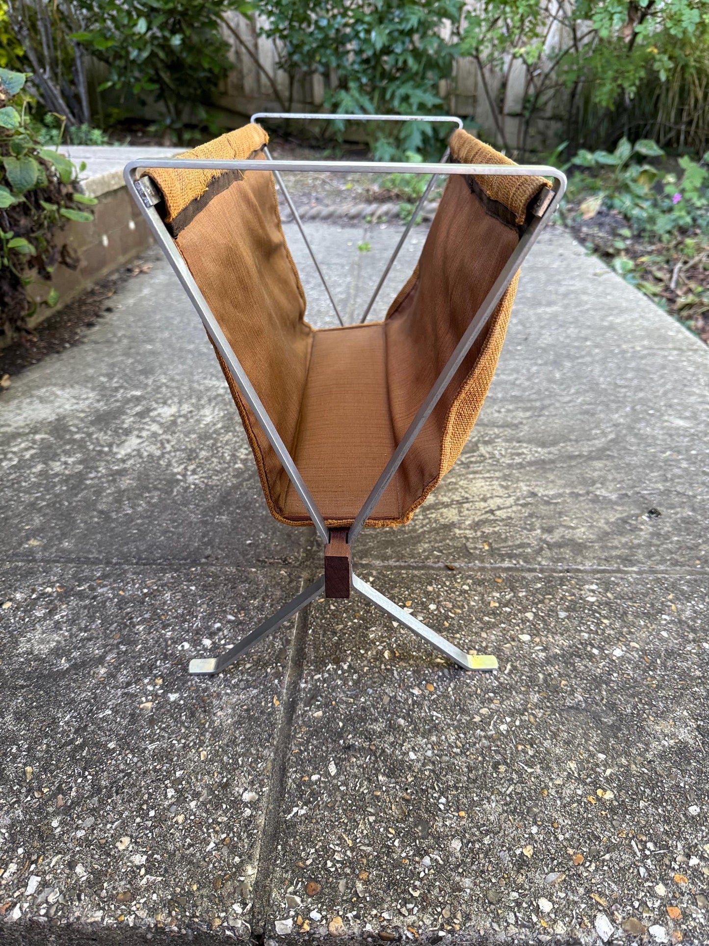 RARE Durlston Designs Mid Century Magazine Rack – 1960s Teak & Aluminium Holder – Modernist British Design – Mustard Canvas Sling