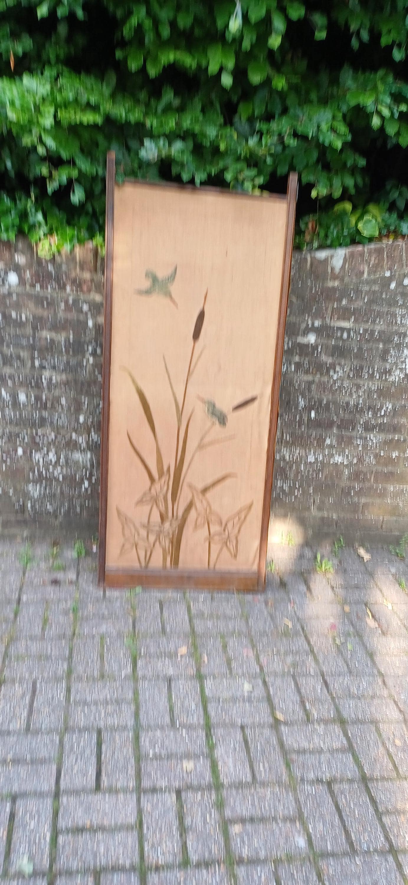 Vintage Hand-Stitched Embroidered Room Divider with Birds, Cattails & Leaves | 20th Century Folding Panel Decorative Screen