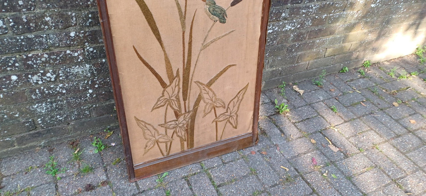 Vintage Hand-Stitched Embroidered Room Divider with Birds, Cattails & Leaves | 20th Century Folding Panel Decorative Screen