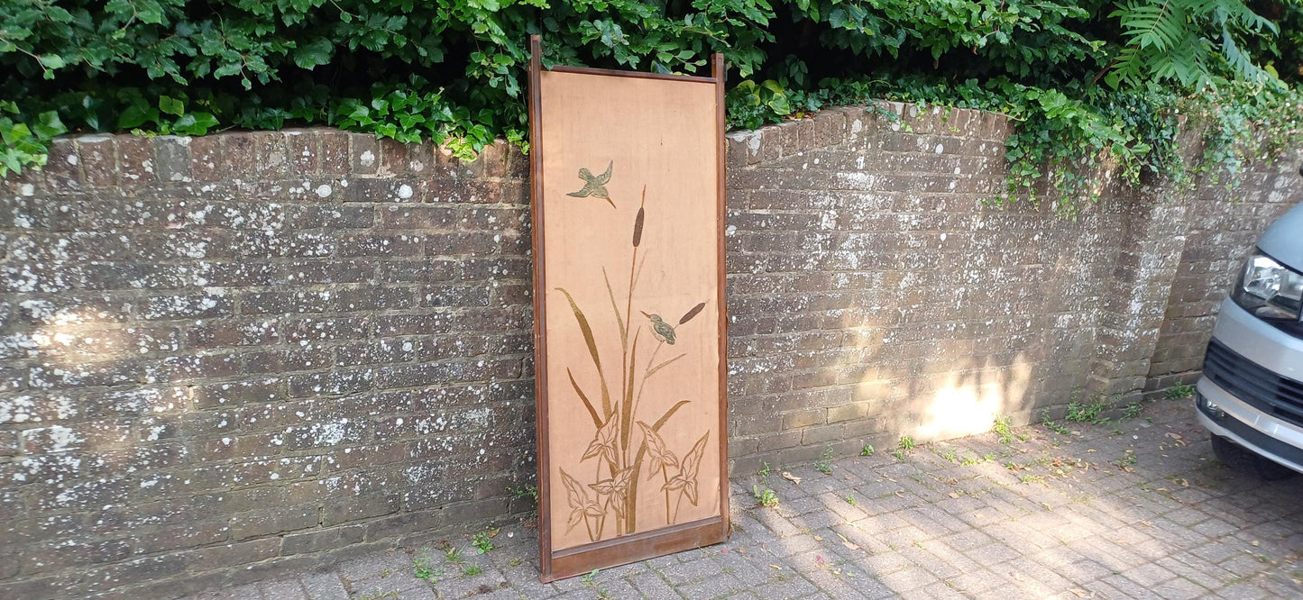 Vintage Hand-Stitched Embroidered Room Divider with Birds, Cattails & Leaves | 20th Century Folding Panel Decorative Screen
