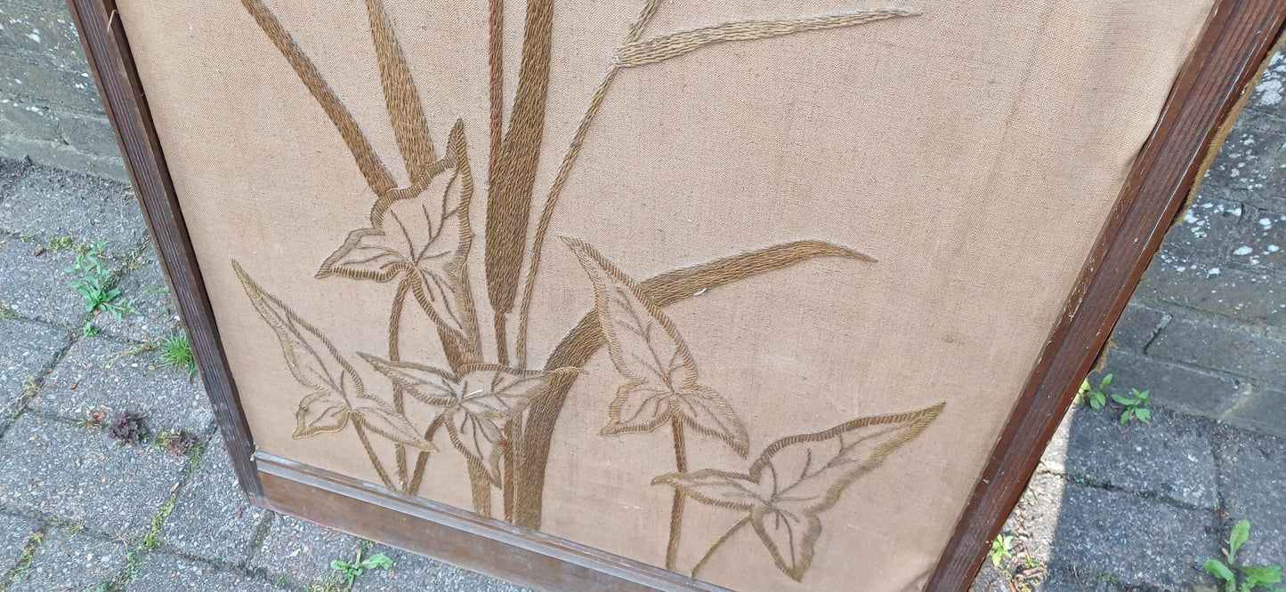 Vintage Hand-Stitched Embroidered Room Divider with Birds, Cattails & Leaves | 20th Century Folding Panel Decorative Screen