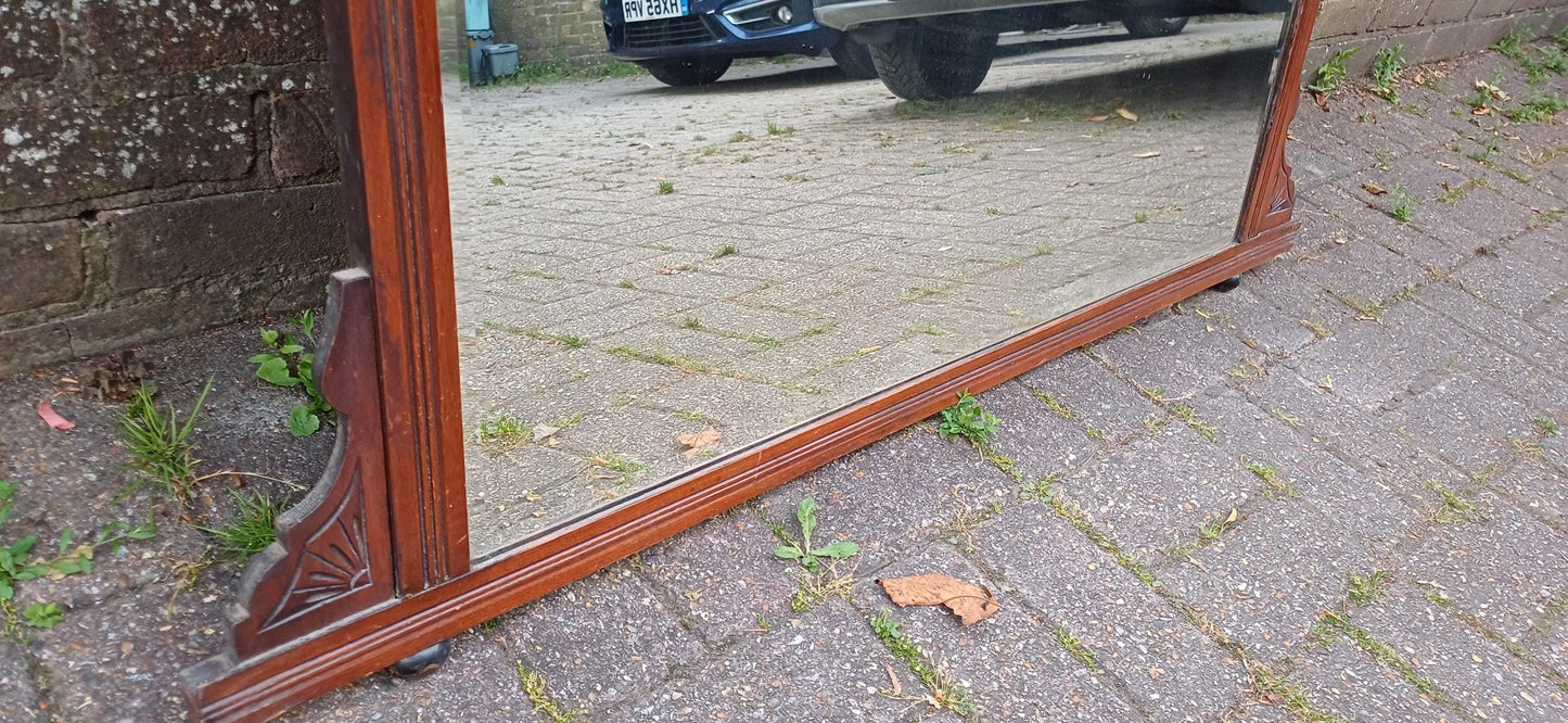 Large Antique Mahogany Over Mantel Mirror | Edwardian Style Carved Fireplace Mirror | Ornate Vintage Wall Mirror Hanging FREE HAND Delivery