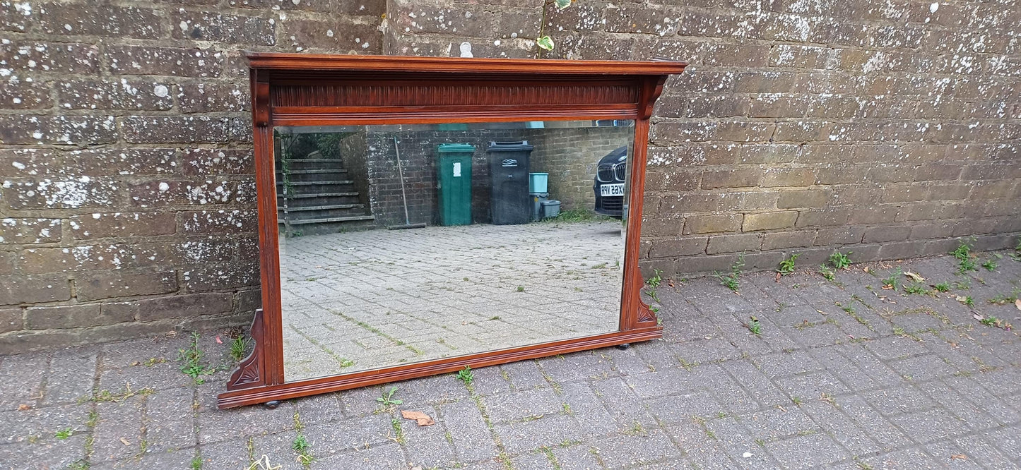 Large Antique Mahogany Over Mantel Mirror | Edwardian Style Carved Fireplace Mirror | Ornate Vintage Wall Mirror Hanging FREE HAND Delivery