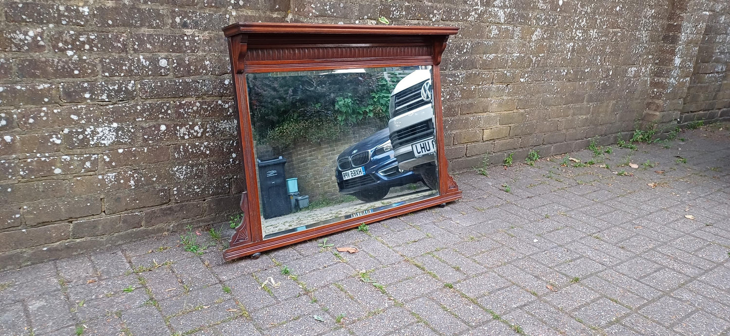 Large Antique Mahogany Over Mantel Mirror | Edwardian Style Carved Fireplace Mirror | Ornate Vintage Wall Mirror Hanging FREE HAND Delivery