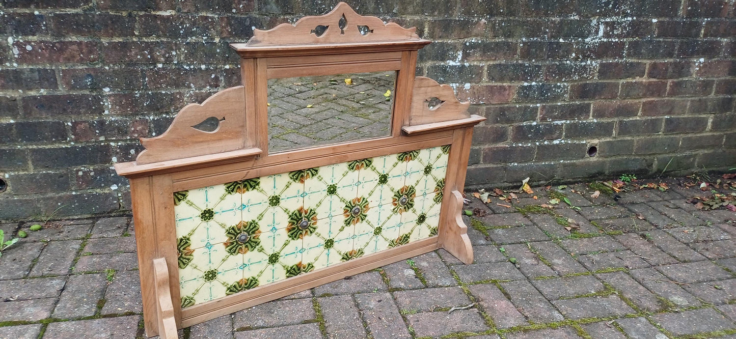 Huge Victorian Washstand Back Original Art Nouveau Majolica Tiles Carved Mirror Overmantel Antique Salvaged Mantelpiece FREE HAND Delivery