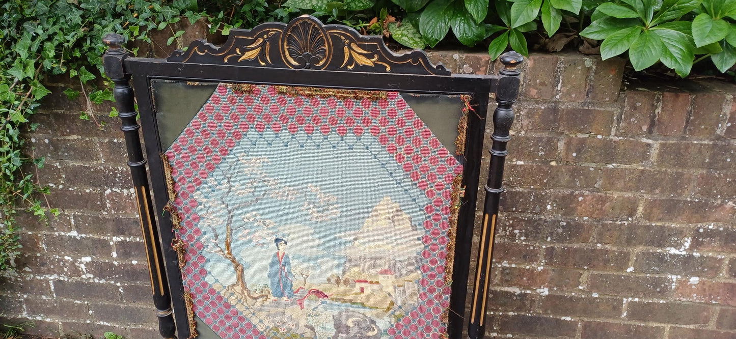 Huge Antique Victorian Ebonised Screen Oriental Tapestry Black Lacquer Fire Screen with Gilt Decoration Turned Supports FREE HAND Delivery