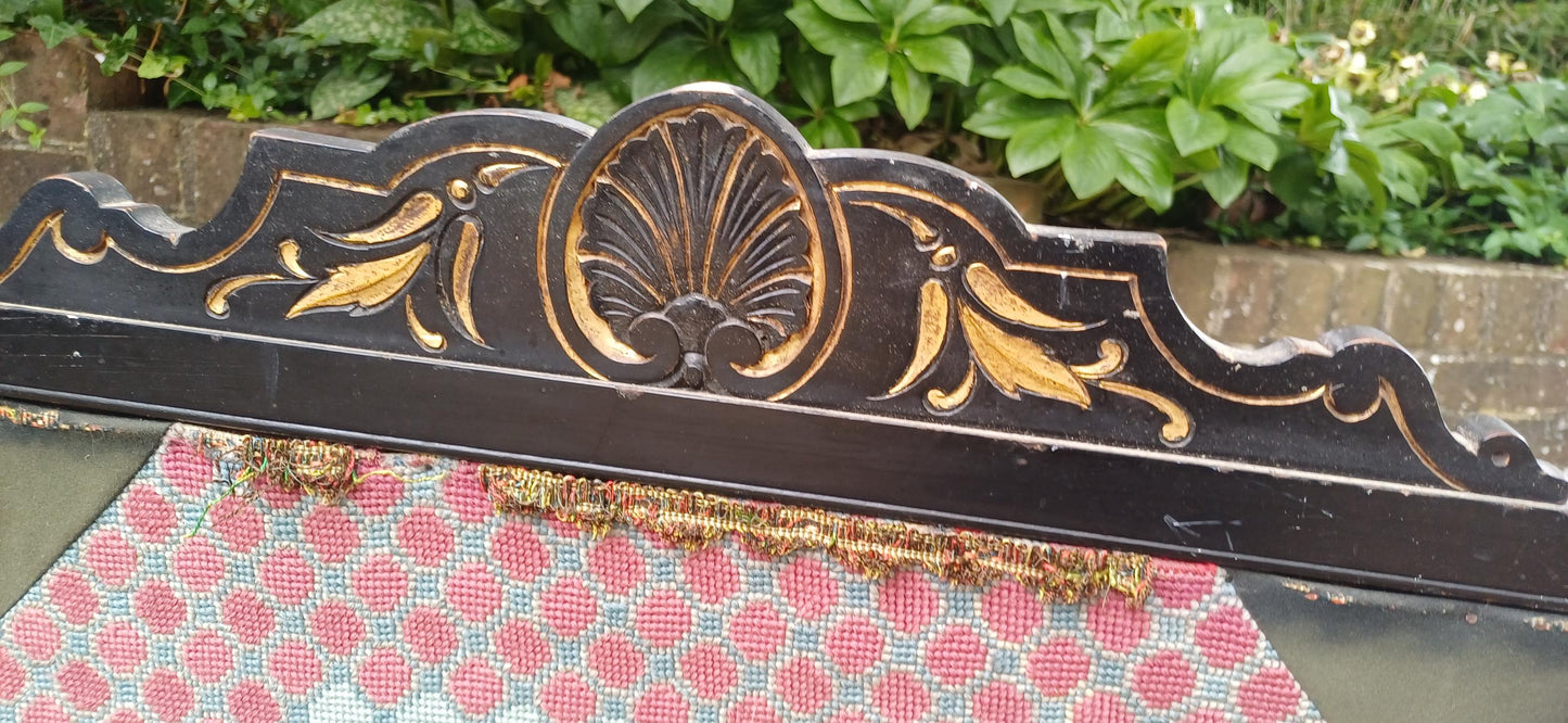 Huge Antique Victorian Ebonised Screen Oriental Tapestry Black Lacquer Fire Screen with Gilt Decoration Turned Supports FREE HAND Delivery