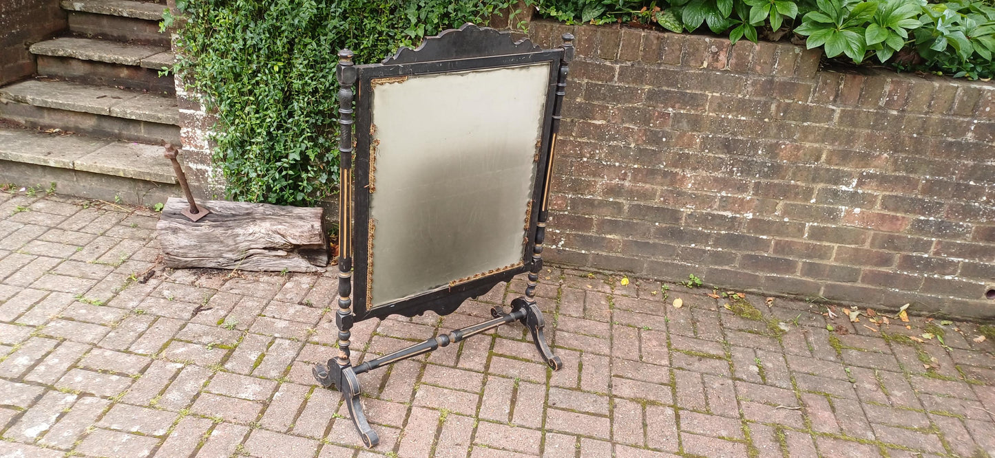 Huge Antique Victorian Ebonised Screen Oriental Tapestry Black Lacquer Fire Screen with Gilt Decoration Turned Supports FREE HAND Delivery
