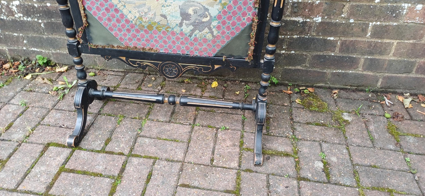 Huge Antique Victorian Ebonised Screen Oriental Tapestry Black Lacquer Fire Screen with Gilt Decoration Turned Supports FREE HAND Delivery