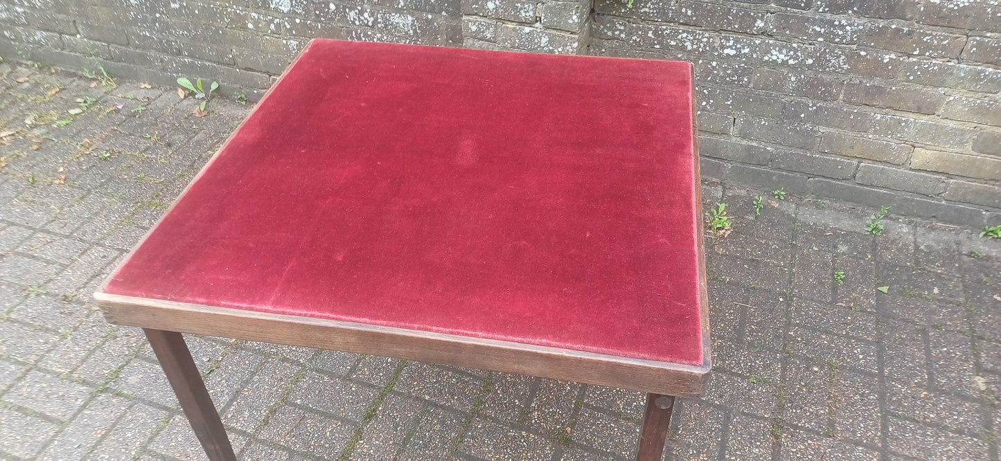 Antique Victorian Folding Card Jigsaw Table Red Velvet Baize Top, Collapsible Legs And Rare Original Metal Spring Action Lock Mechanism
