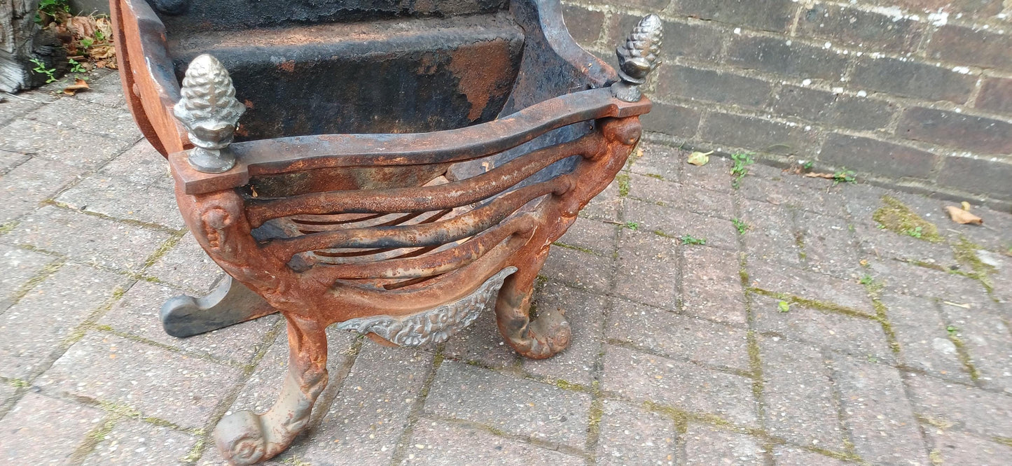 Antique Cast Iron Fire Grate Victorian Fireplace Basket Coal Decorative Ornate Scrollwork Lions Paw Feet Salvage Rustic Hearth Decor