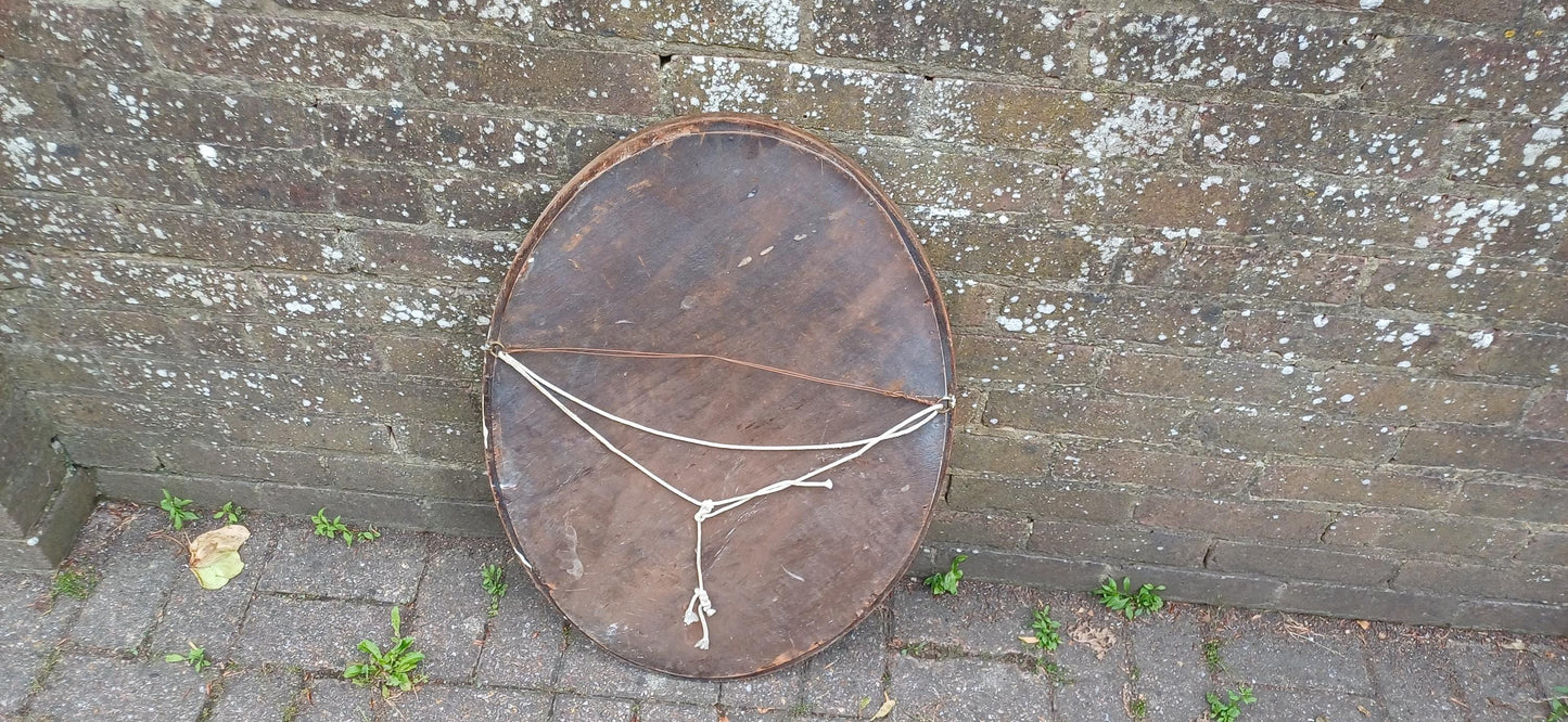 Antique Oval Wall Mirror with Stripped Mahogany Wooden Frame – Rustic Vintage Vanity or Hallway Decor Original Well Preserved Bevelled Glass