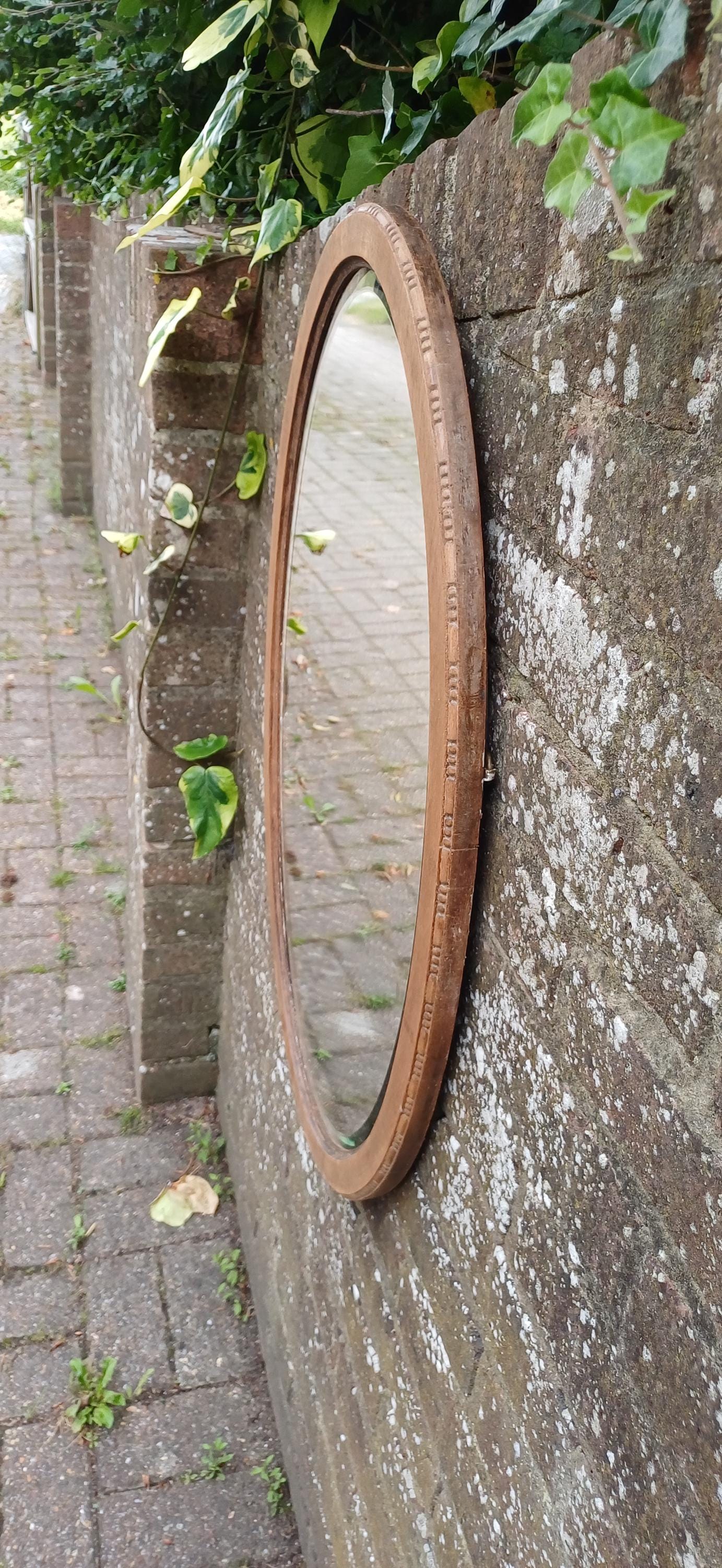 Antique Oval Wall Mirror with Stripped Mahogany Wooden Frame – Rustic Vintage Vanity or Hallway Decor Original Well Preserved Bevelled Glass