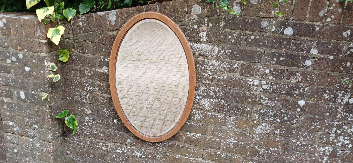 Antique Oval Wall Mirror with Stripped Mahogany Wooden Frame – Rustic Vintage Vanity or Hallway Decor Original Well Preserved Bevelled Glass