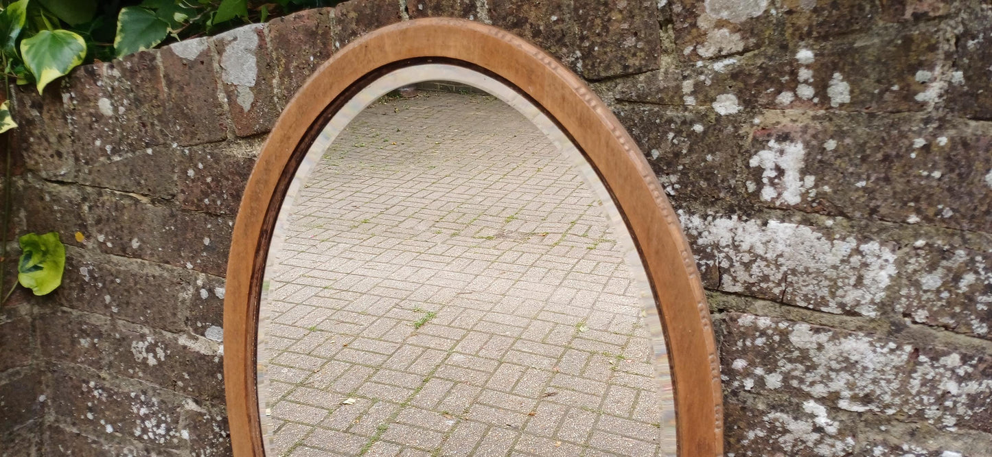 Antique Oval Wall Mirror with Stripped Mahogany Wooden Frame – Rustic Vintage Vanity or Hallway Decor Original Well Preserved Bevelled Glass