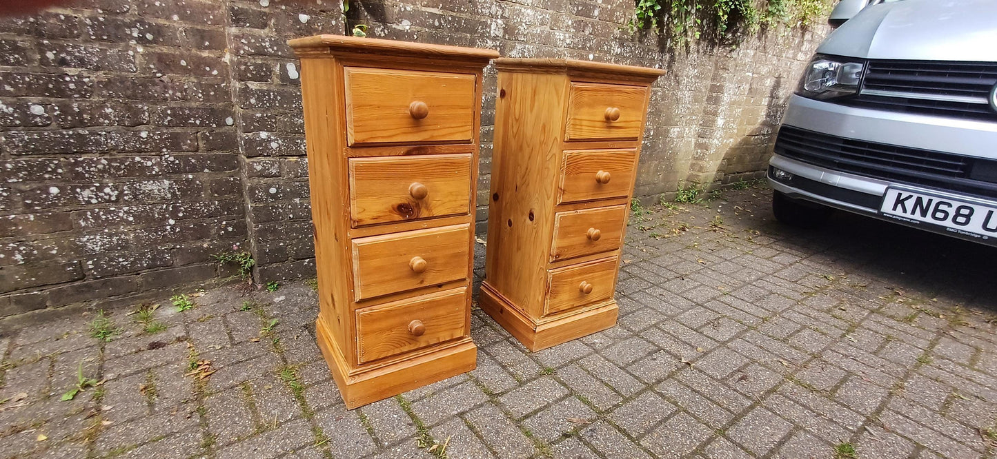 Pair of Useful This Rustic Solid Pine 4 Drawer Slim Flight Chest of Drawers | Vintage Storage Tallboys Rustic Shabby Chic FREE HAND Delivery