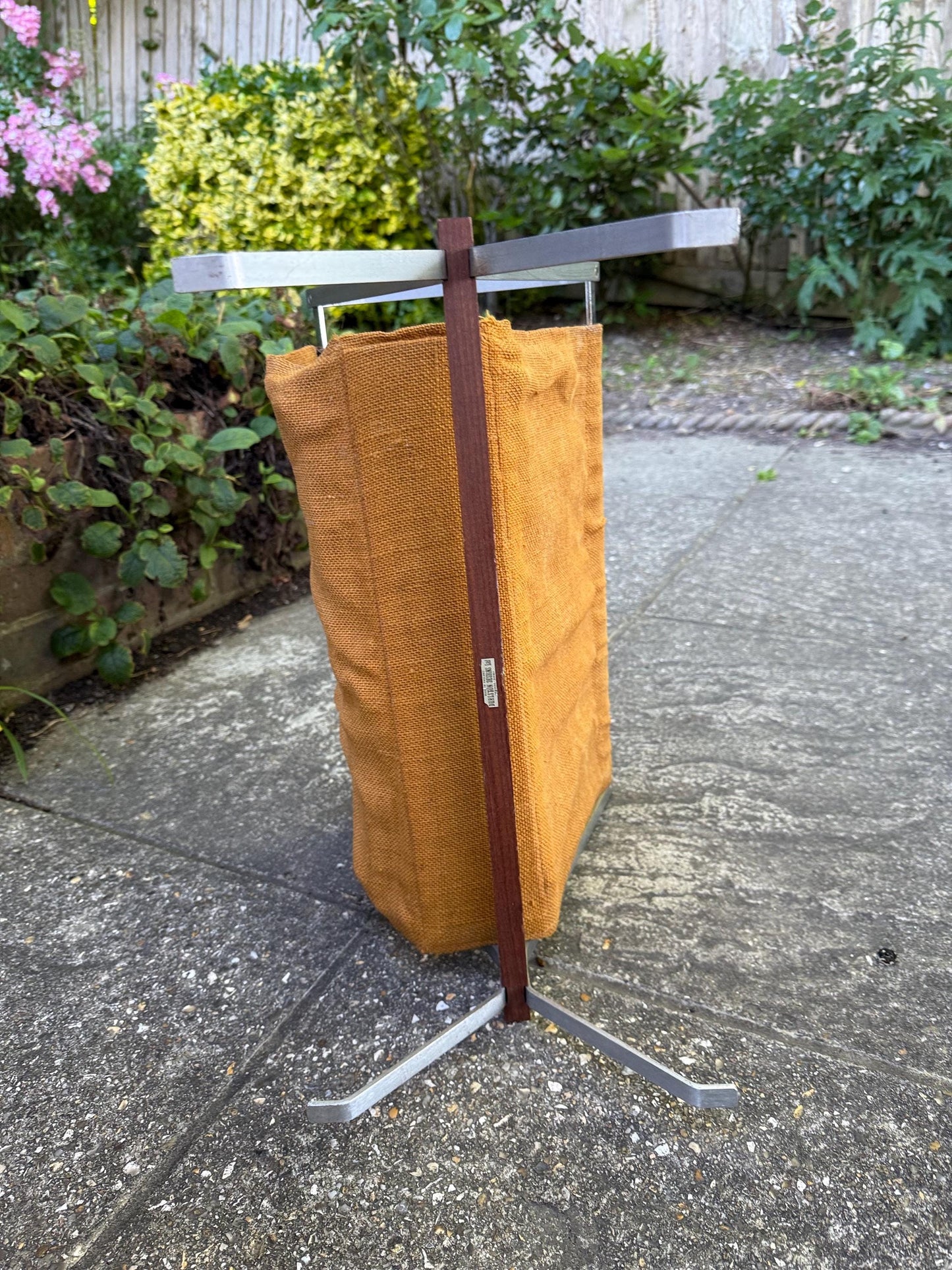 RARE Durlston Designs Mid Century Magazine Rack – 1960s Teak & Aluminium Holder – Modernist British Design – Mustard Canvas Sling
