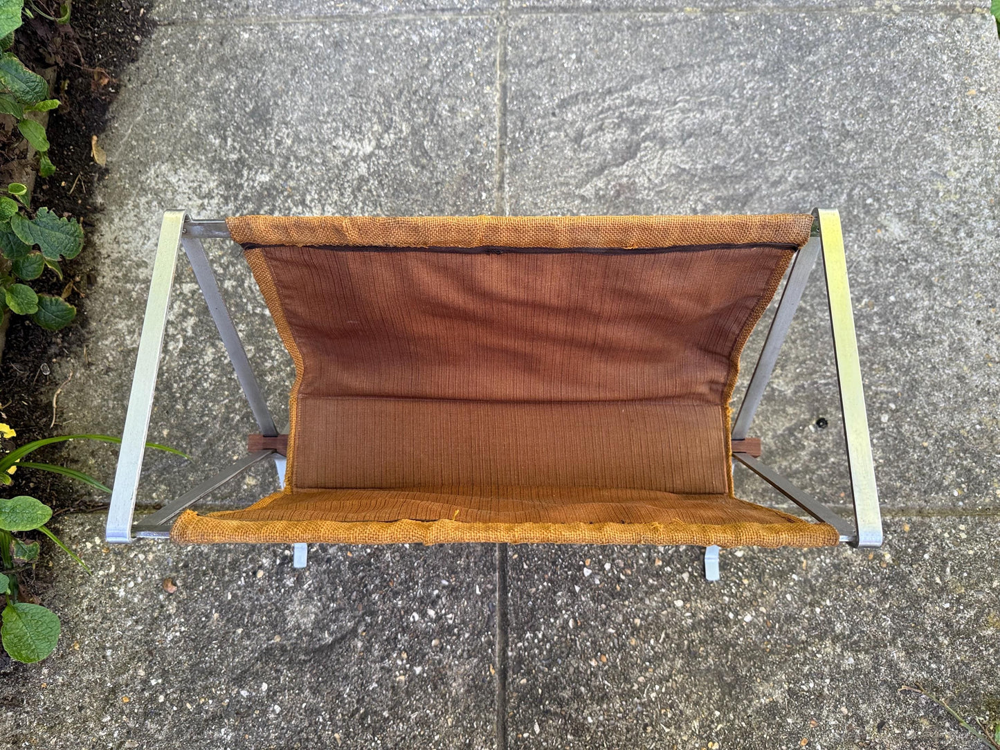 RARE Durlston Designs Mid Century Magazine Rack – 1960s Teak & Aluminium Holder – Modernist British Design – Mustard Canvas Sling