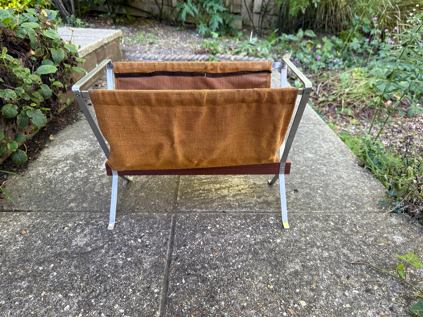 RARE Durlston Designs Mid Century Magazine Rack – 1960s Teak & Aluminium Holder – Modernist British Design – Mustard Canvas Sling