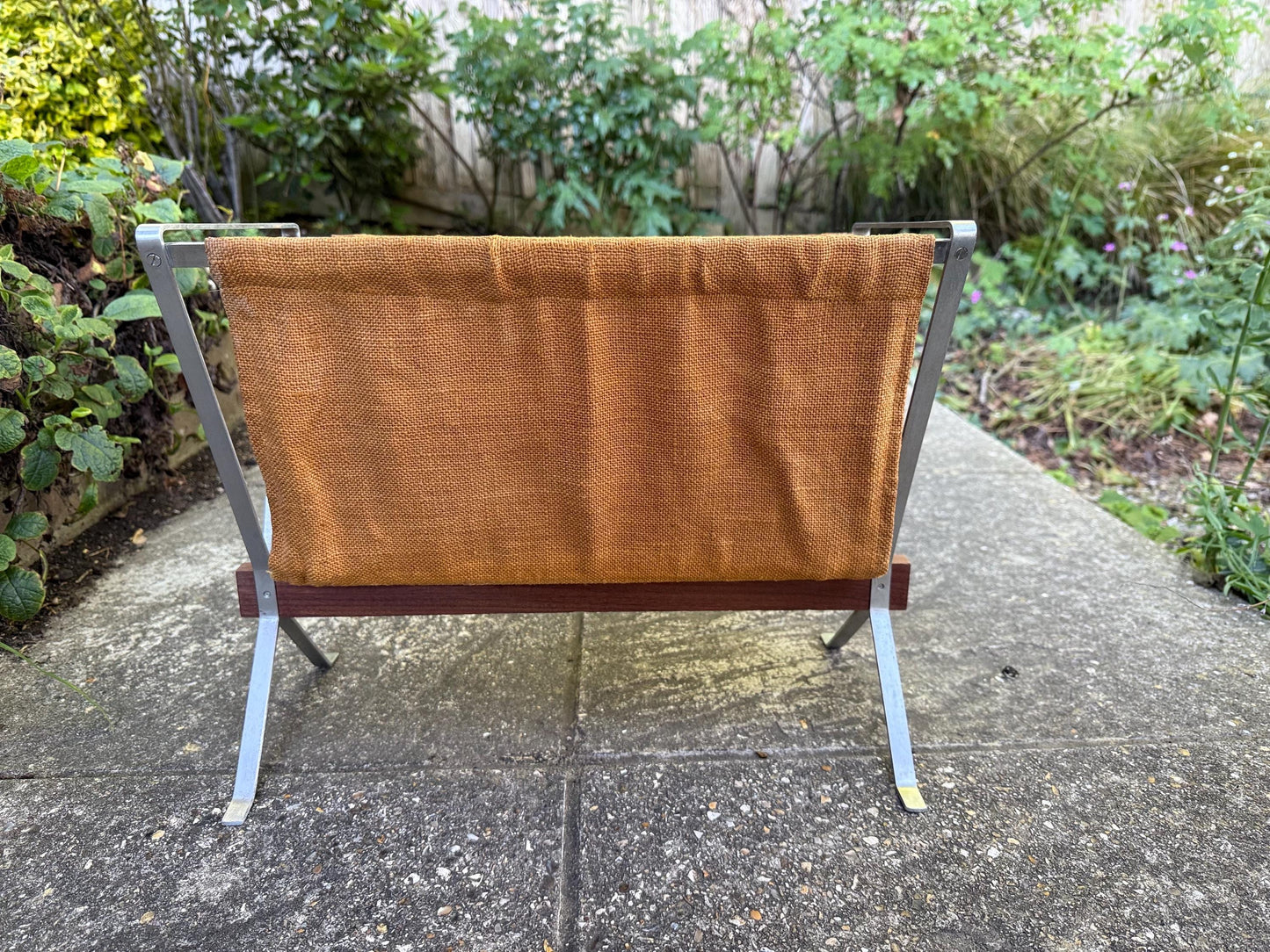RARE Durlston Designs Mid Century Magazine Rack – 1960s Teak & Aluminium Holder – Modernist British Design – Mustard Canvas Sling