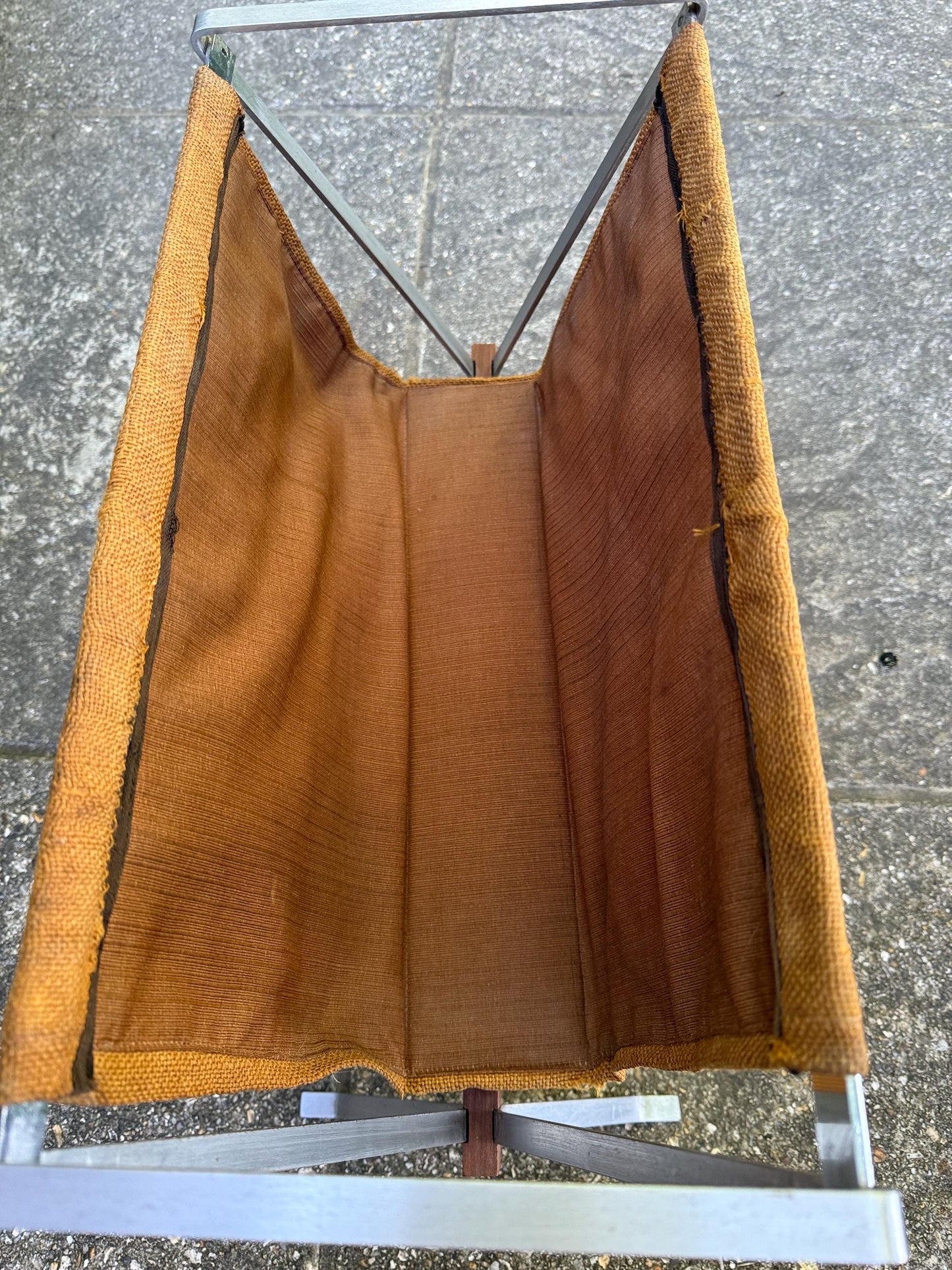 RARE Durlston Designs Mid Century Magazine Rack – 1960s Teak & Aluminium Holder – Modernist British Design – Mustard Canvas Sling