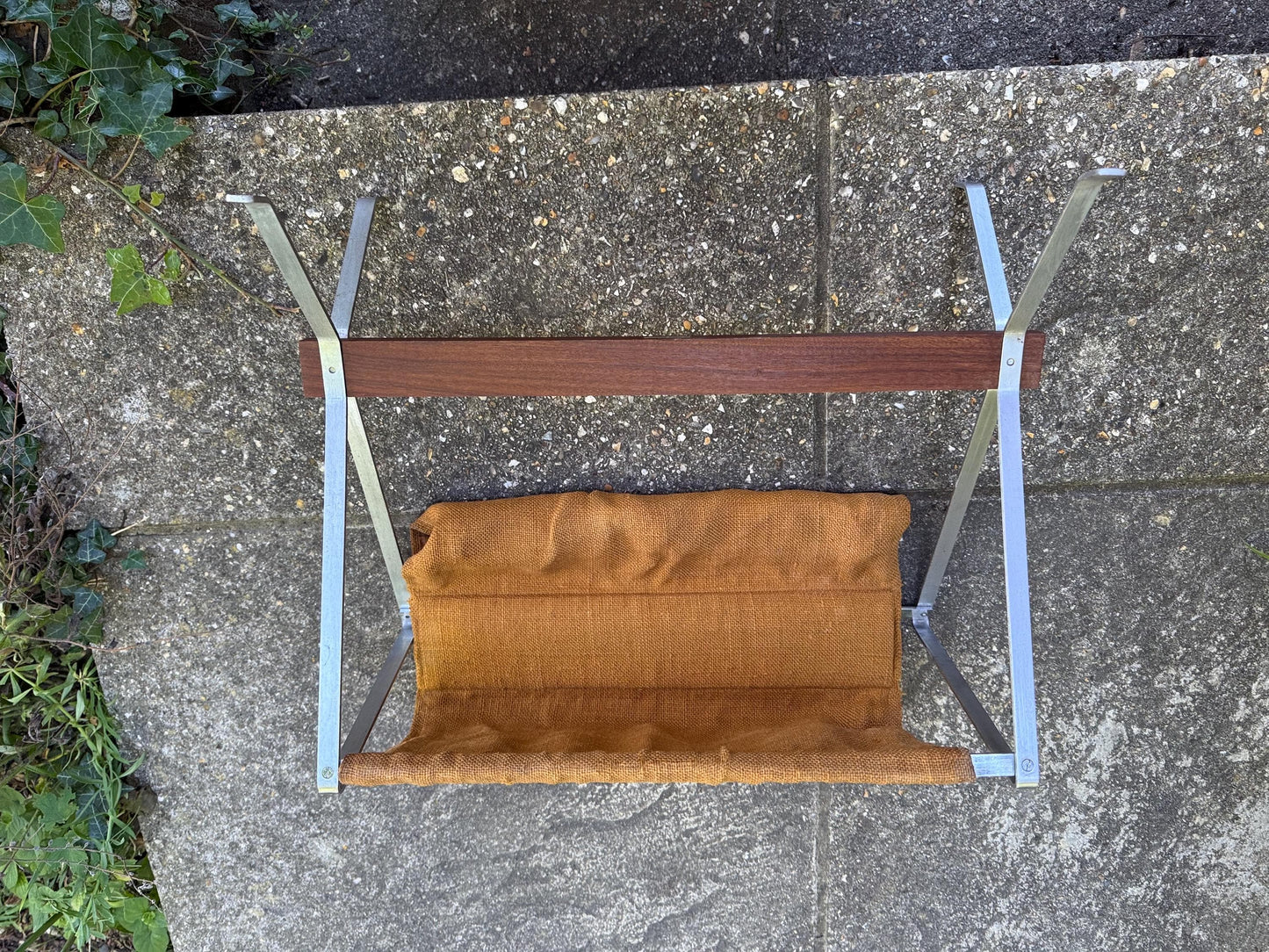 RARE Durlston Designs Mid Century Magazine Rack – 1960s Teak & Aluminium Holder – Modernist British Design – Mustard Canvas Sling