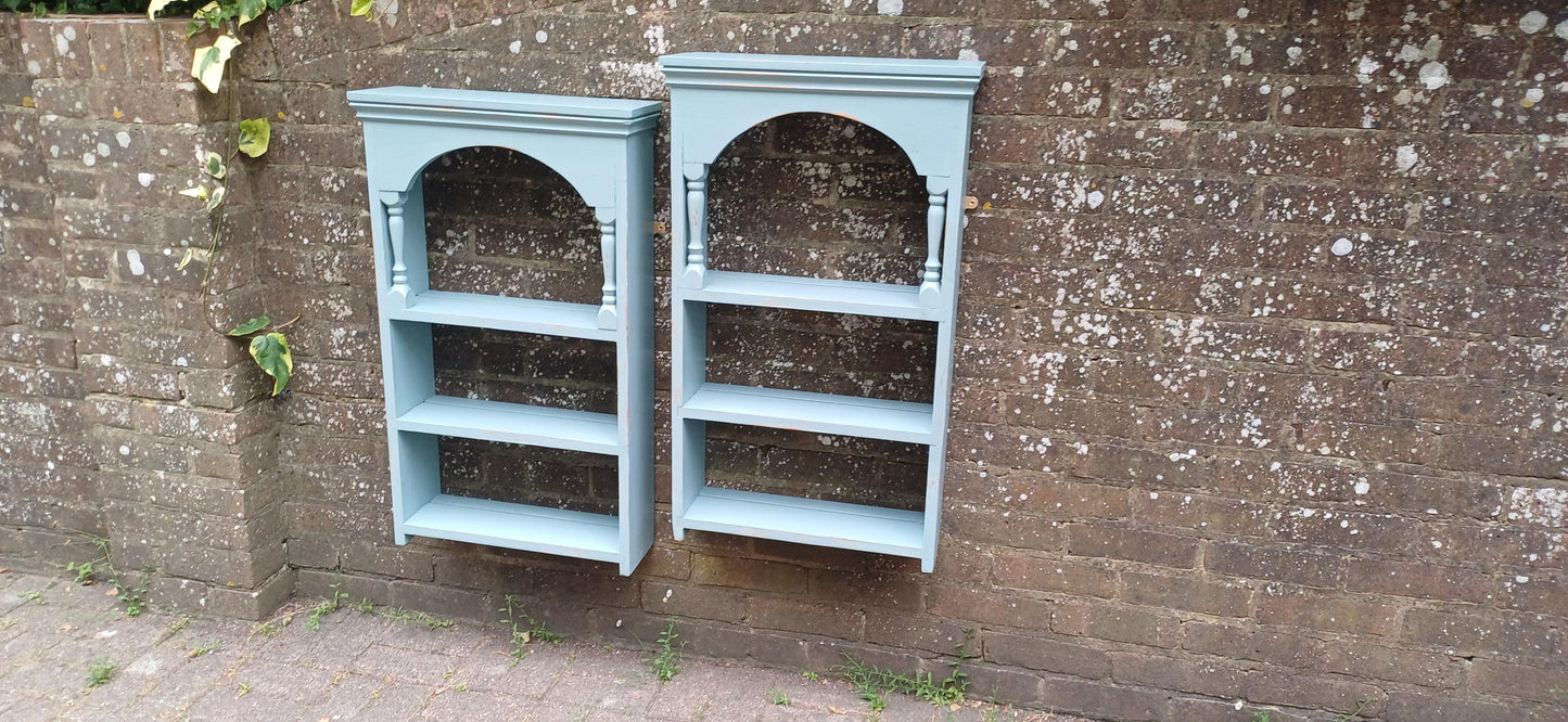 Pair of Vintage Rustic Painted Wall Shelves Distressed Blue Wooden Display Racks Country Cottage Kitchen Storage French Farmhouse Style