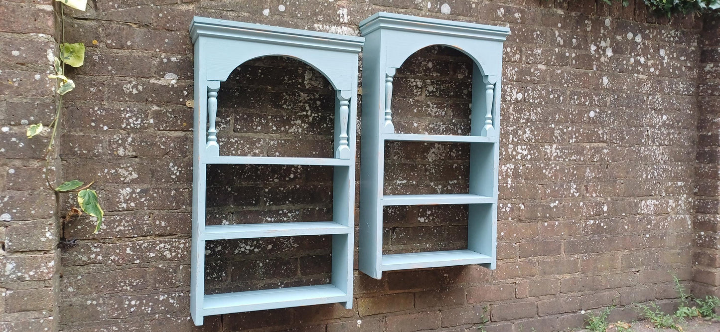 Pair of Vintage Rustic Painted Wall Shelves Distressed Blue Wooden Display Racks Country Cottage Kitchen Storage French Farmhouse Style