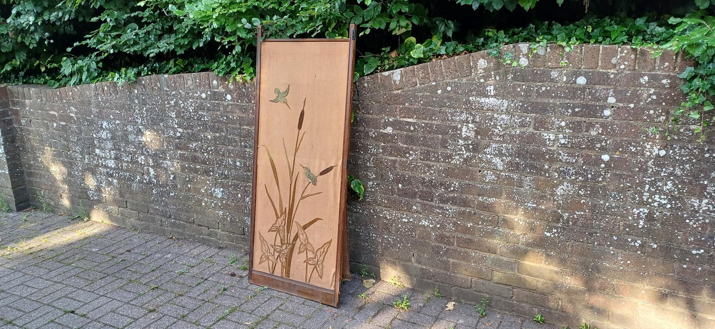 Vintage Hand-Stitched Embroidered Room Divider with Birds, Cattails & Leaves | 20th Century Folding Panel Decorative Screen