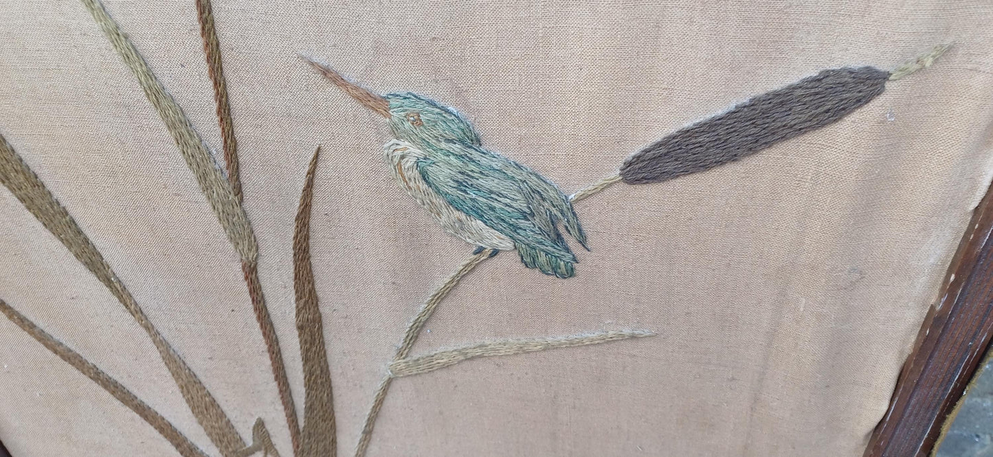 Vintage Hand-Stitched Embroidered Room Divider with Birds, Cattails & Leaves | 20th Century Folding Panel Decorative Screen