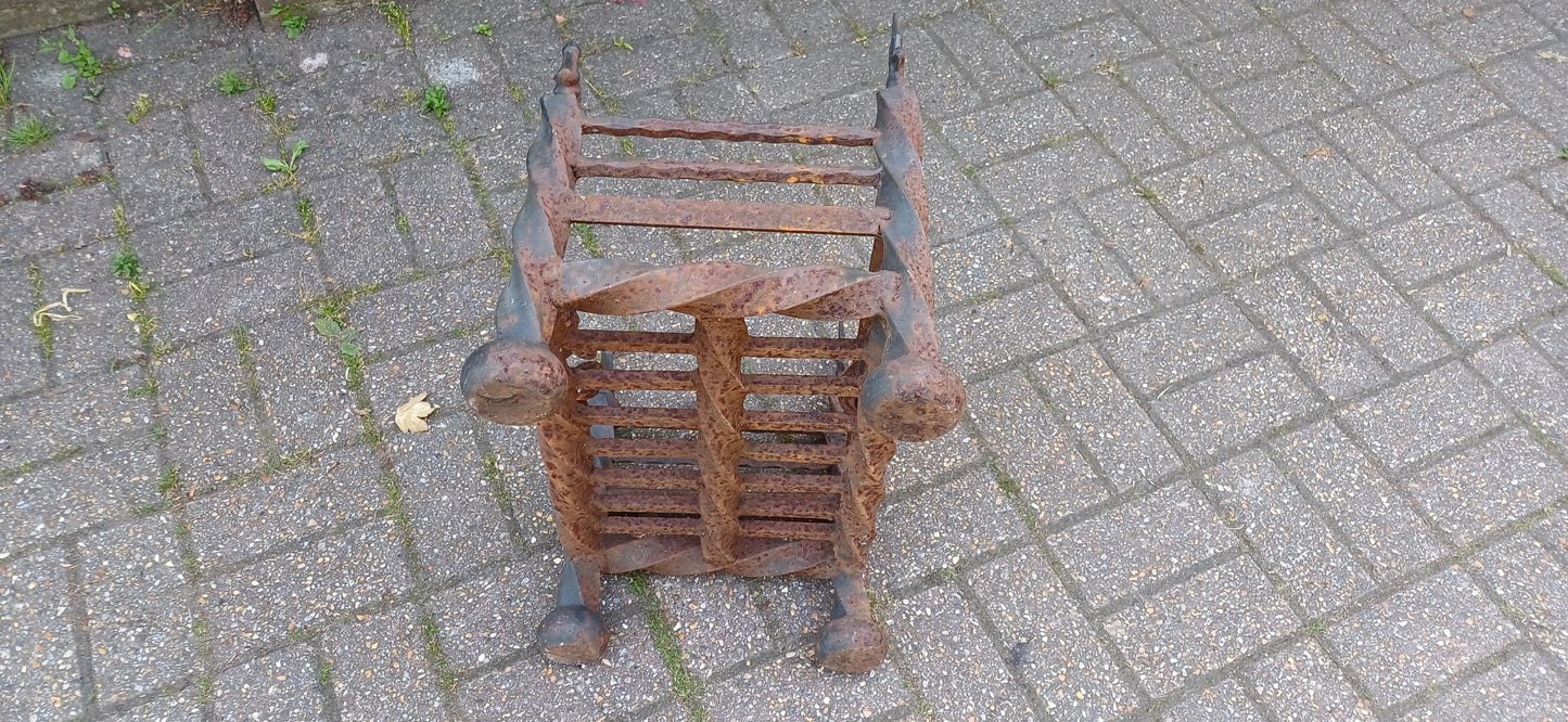 Antique Wrought Iron Fire Grate Gothic Fireplace Heavy Twisted Scrollwork Log Basket Salvage Hearth Piece with Patina FREE HAND Delivery
