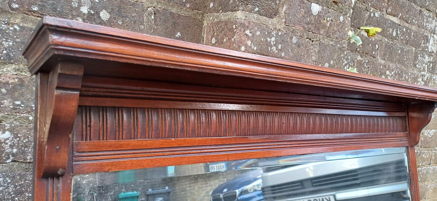 Large Antique Mahogany Over Mantel Mirror | Edwardian Style Carved Fireplace Mirror | Ornate Vintage Wall Mirror Hanging FREE HAND Delivery