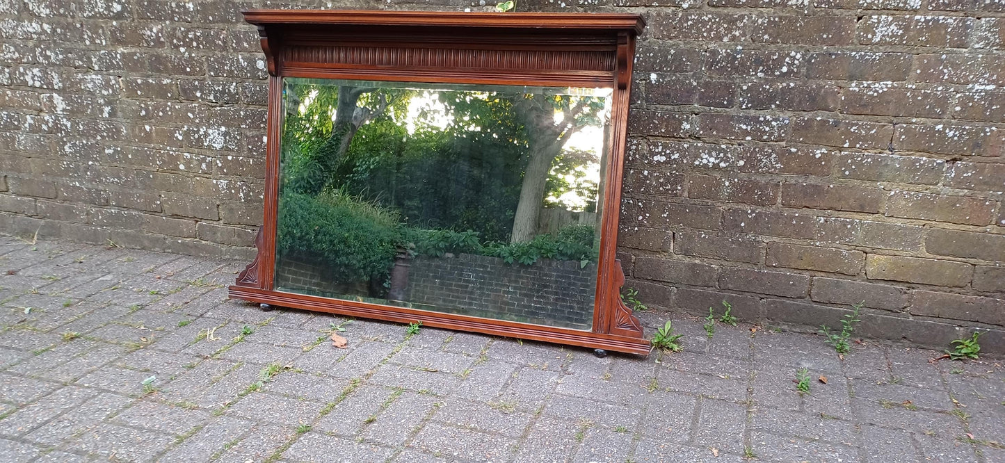 Large Antique Mahogany Over Mantel Mirror | Edwardian Style Carved Fireplace Mirror | Ornate Vintage Wall Mirror Hanging FREE HAND Delivery