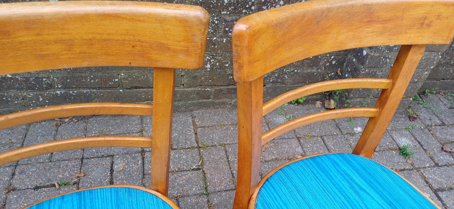Pair of Vintage Retro Kitchen Chairs Classic 50s or 60s Utility Style Quirky Blue Seats Kitchen Dining Room Solid Beech