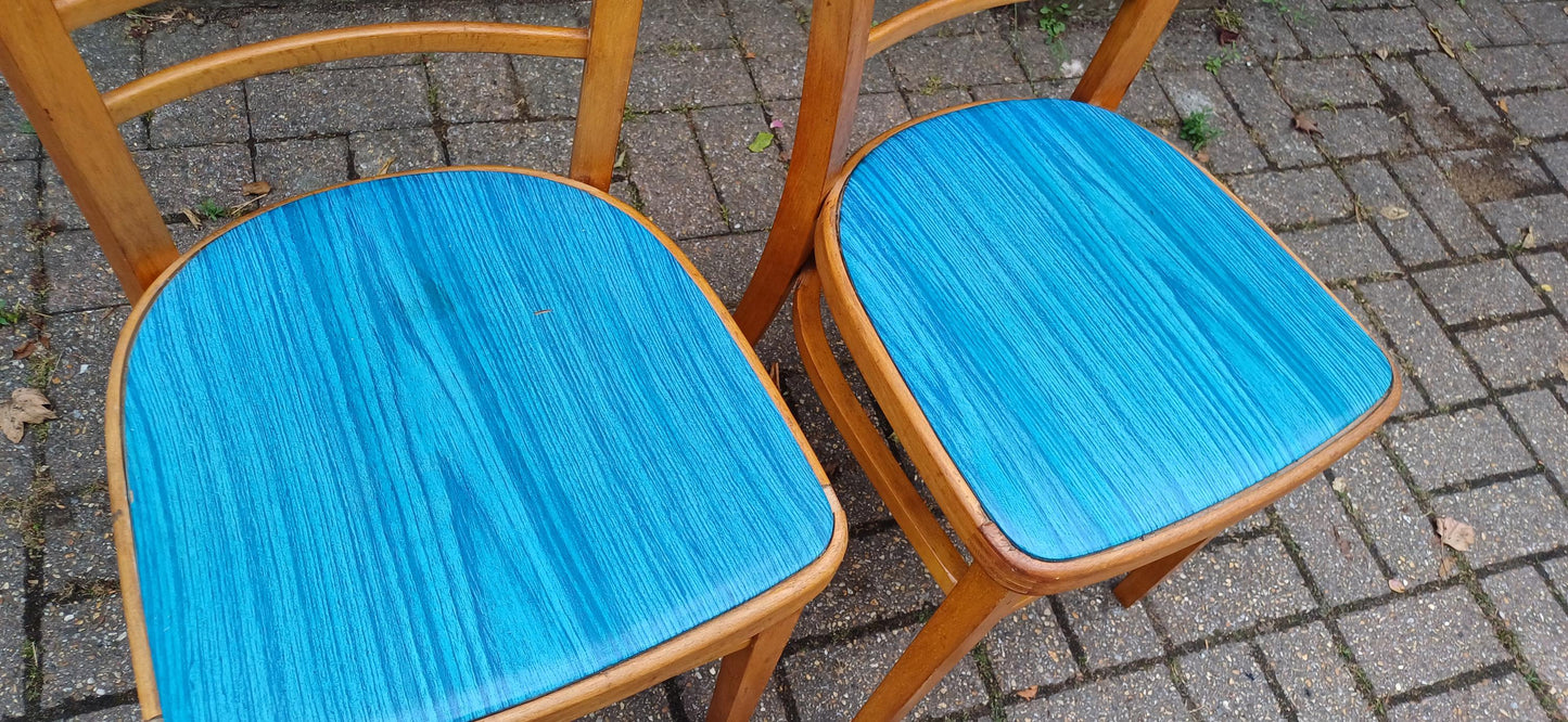 Pair of Vintage Retro Kitchen Chairs Classic 50s or 60s Utility Style Quirky Blue Seats Kitchen Dining Room Solid Beech