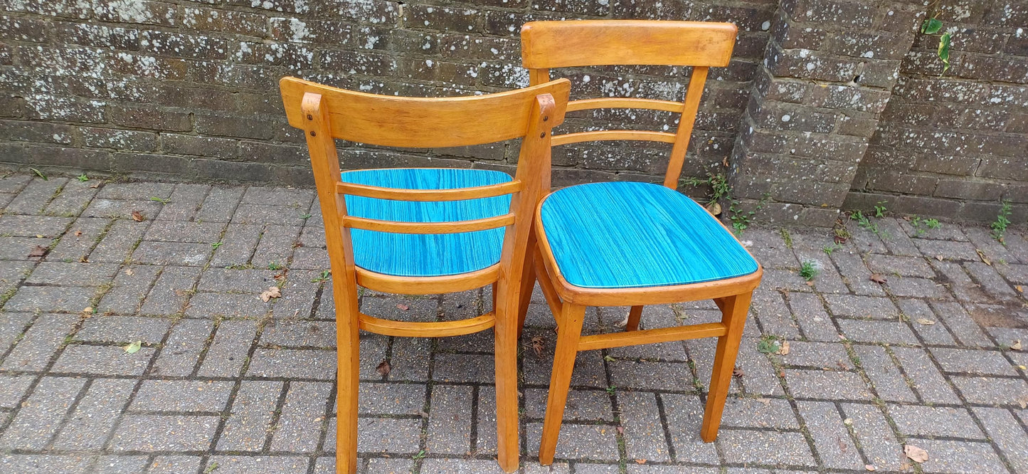 Pair of Vintage Retro Kitchen Chairs Classic 50s or 60s Utility Style Quirky Blue Seats Kitchen Dining Room Solid Beech