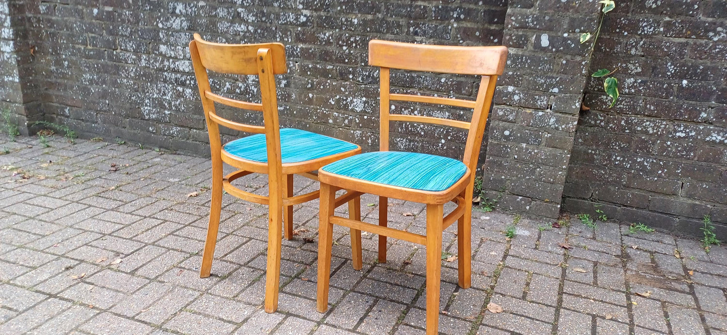 Pair of Vintage Retro Kitchen Chairs Classic 50s or 60s Utility Style Quirky Blue Seats Kitchen Dining Room Solid Beech