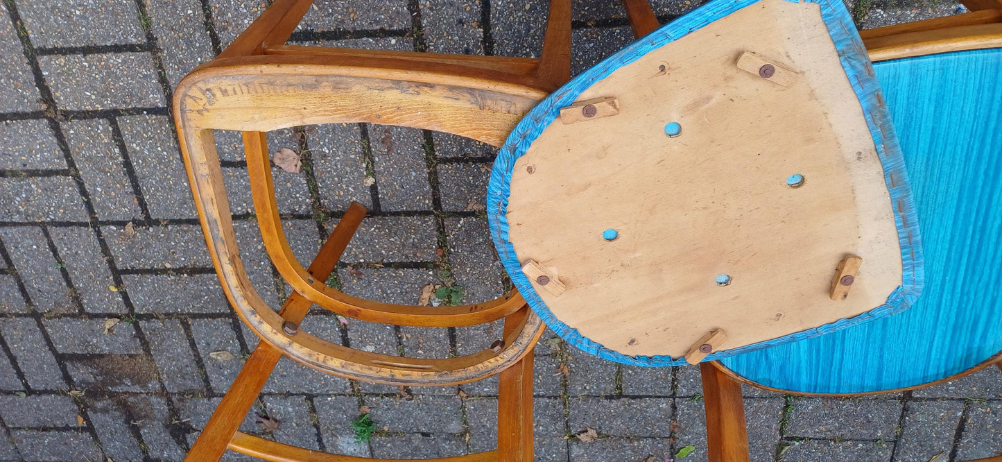 Pair of Vintage Retro Kitchen Chairs Classic 50s or 60s Utility Style Quirky Blue Seats Kitchen Dining Room Solid Beech