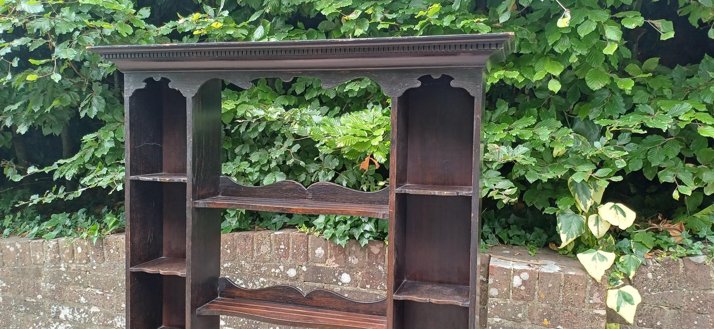Antique Georgian Style Oak Welsh Dresser Base and Rack – Dark Stained Sideboard with Drawers and Open Shelves c.1920s Jacobean Revival